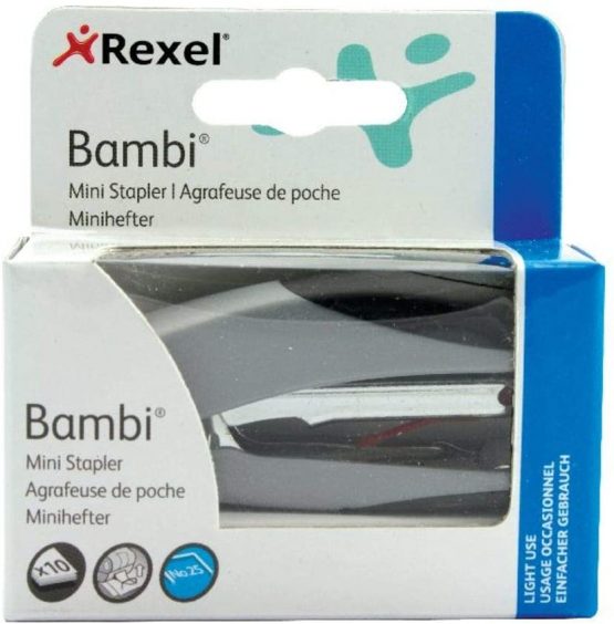Rexel Bambi Mini Stapler, 10 Sheet Capacity, Metal Body, Includes Staples, Assorted Colours, 2100154