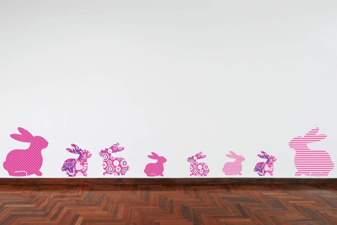 60 Second Makeover Limited Full Colour Set of 8 Patterned Rabbits Pink, Purple Kids Girls Bedroom Wall Sticker Decal Nursery Decoration