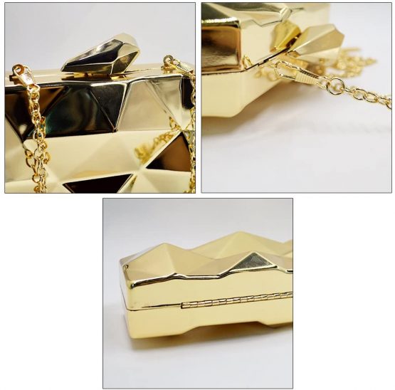 Meliya Womens Geometric Pattern Metal Handbag Diamond Evening Clutch Bags Mini Chain Cross-Body Bags Purse (Gold) - Image 4