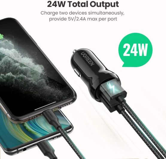 UGREEN Car Charger Mini 24w Car Phone Charger Portable 4.8A Dual USB Car Fast Adapter Compatible with iPhone SE 11 iPad Pro Galaxy S20 P40 Moto G8 G7 Redmi Note 8 Switch Tomtom SatNav etc - Image 2