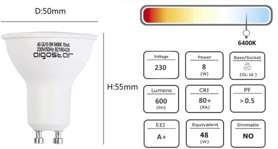 Aigostar GU10 LED Bulbs Cool White, 8W 6400K 600 Lumen, 5 Pcs/Box, 160° Beam Angle, Flicker Free [Energy Class A+] - Image 4