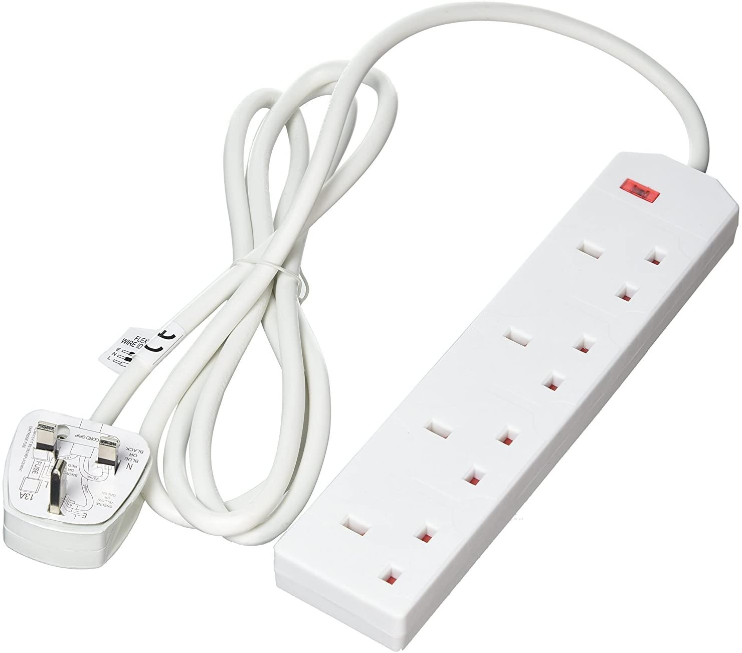 Daewoo 4 Way Extension Lead with 2 Metre Cable - Neon Power On Indicator, 4 Gang