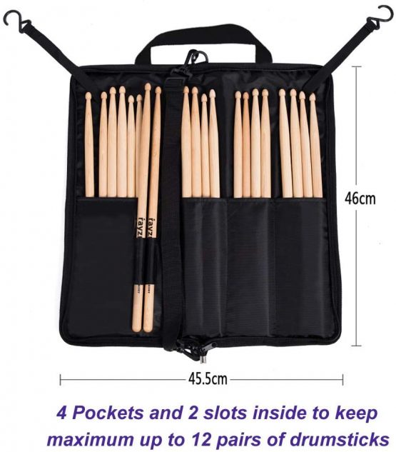 Rayzm Drum Stick Bag with an External Pocket, Standard Nylon Stick Bag with a Carry Handle and Floor Tom Hooks, Inside 4 Slots Holds up to 12 Pairs of Drumsticks,Water Resistant Nylon - Image 4