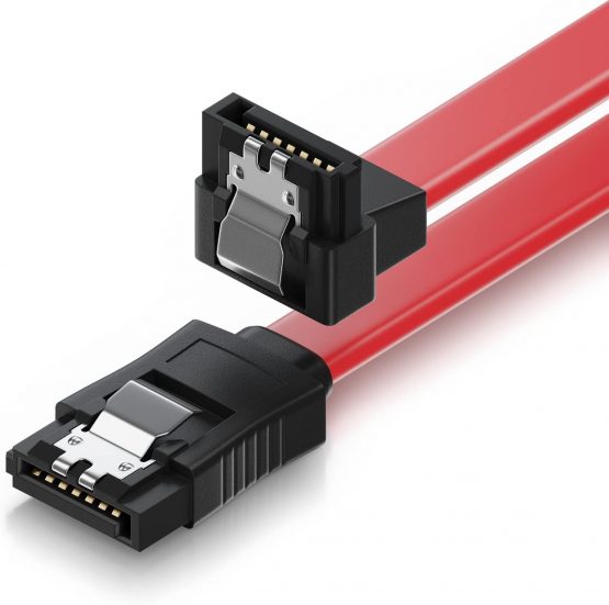 deleyCON 30cm (11.81 Inch) SATAIII Cable S-ATA 3 Data Cable HDD SSD Connection Cable Metal Clip 6GBit/s 1x Straight 1x 90° L-Type Connectors - Red