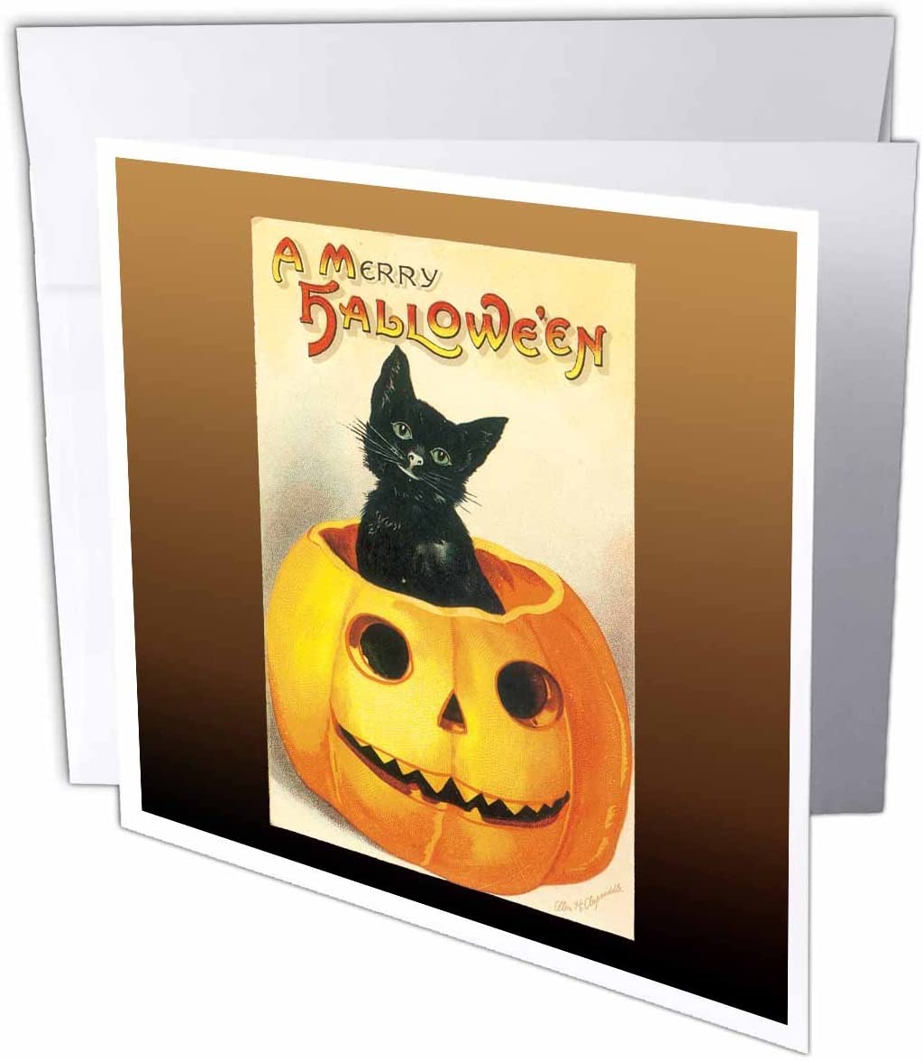 3dRose gc_126074_1 6 x 6-Inch"Vintage a Merry Halloween with a Black Cat Sitting in a Jack O Lantern Pumpkin" Greeting Card (Pack of 6)