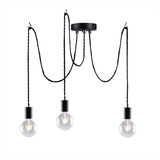 Black Industrial Pendant Light Fitting, 3lights Spider Hanging Chandelier with Adjustable 3M Twisted Braided Cable, Retro Industrial Cluster Fittings E27 Lamp Holder-Black/1010-3LT - Image 2