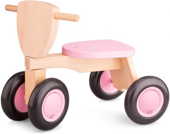 New Classic Toys 11422 Baby Wooden 1 2 Ride On Trike Toy, Toddlers First Tricycle for One Year Old, Children Scooter for Age 12 Months with 3 Wheels Pink Color