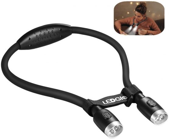 LEDGLE Updated Rechargeable LED Book Light, Hands Free Neck Light, Best for Bed Reading or Read in Car, Flexible Arm, 4 Super Bright LED Bulbs, 6 Level Light Control
