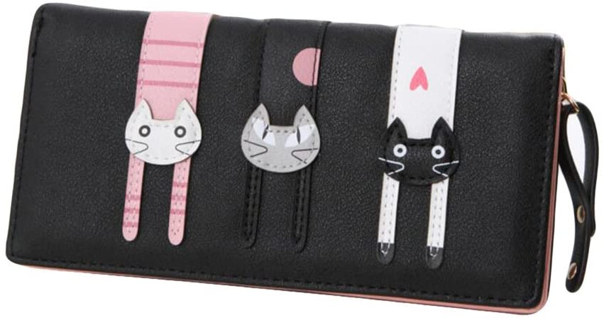 Diyafas Long Zipper Wallet for Women Buckle Cartoon Cat Purse Ladies Large Capacity Card Holder Handbag, Black
