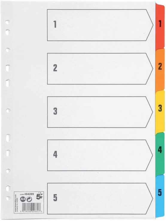 5 Star Office Index 150gsm Card with Coloured Mylar Tabs 1-5 A4 White