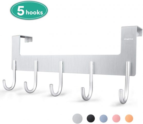 ACMETOP Over The Door Hook Hanger, Heavy-Duty Storage for Coat, Towel, Bag, Robe - 5 Hooks, Aluminum, Brush Finish (Silver)