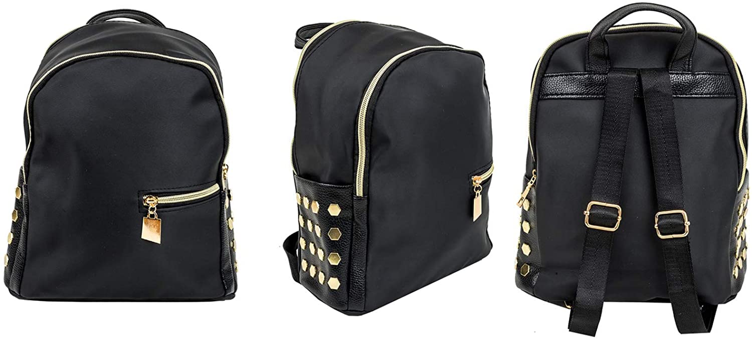 Emartbuy Black Fabric Studded Ladies Women Girls Backpack Fashion Shoulder Zip Bag Travel Rucksack - Gold Studs - Image 2