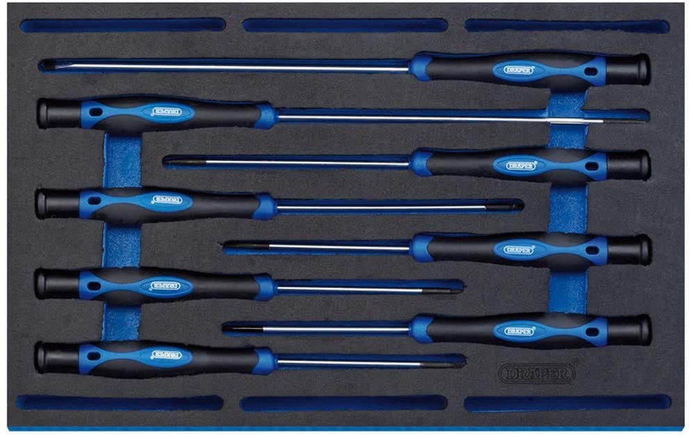 Draper 8 Piece Extra Long Precision Screwdriver Set in 1/4 Eva Insert Tray - 63399 - For Home DIY and Professional Use
