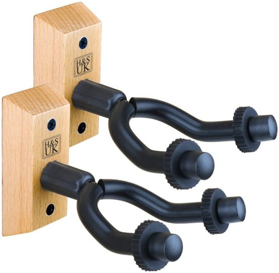 H&S Guitar Wall Mount Display Bracket Guitar Hanger Hook Holder Keeper Wall Mounted Hanging Stand Wooden Wood Base for Bass Electric Acoustic Guitar - 2 Pack