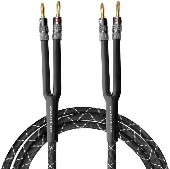 GearIT 14AWG Premium Heavy Duty Braided Speaker Wire (15 Feet) with Dual Gold Plated Banana Plug Tips - Oxygen-Free Copper (OFC) Construction, Black