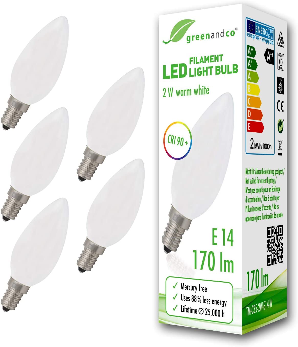 greenandco® CRI 90+ E14 LED Filament Candle Frosted 2W Replaces 20W 200lm 2700K Warm White 360° 230V, no Flicker, not dimmable, 5-Pack