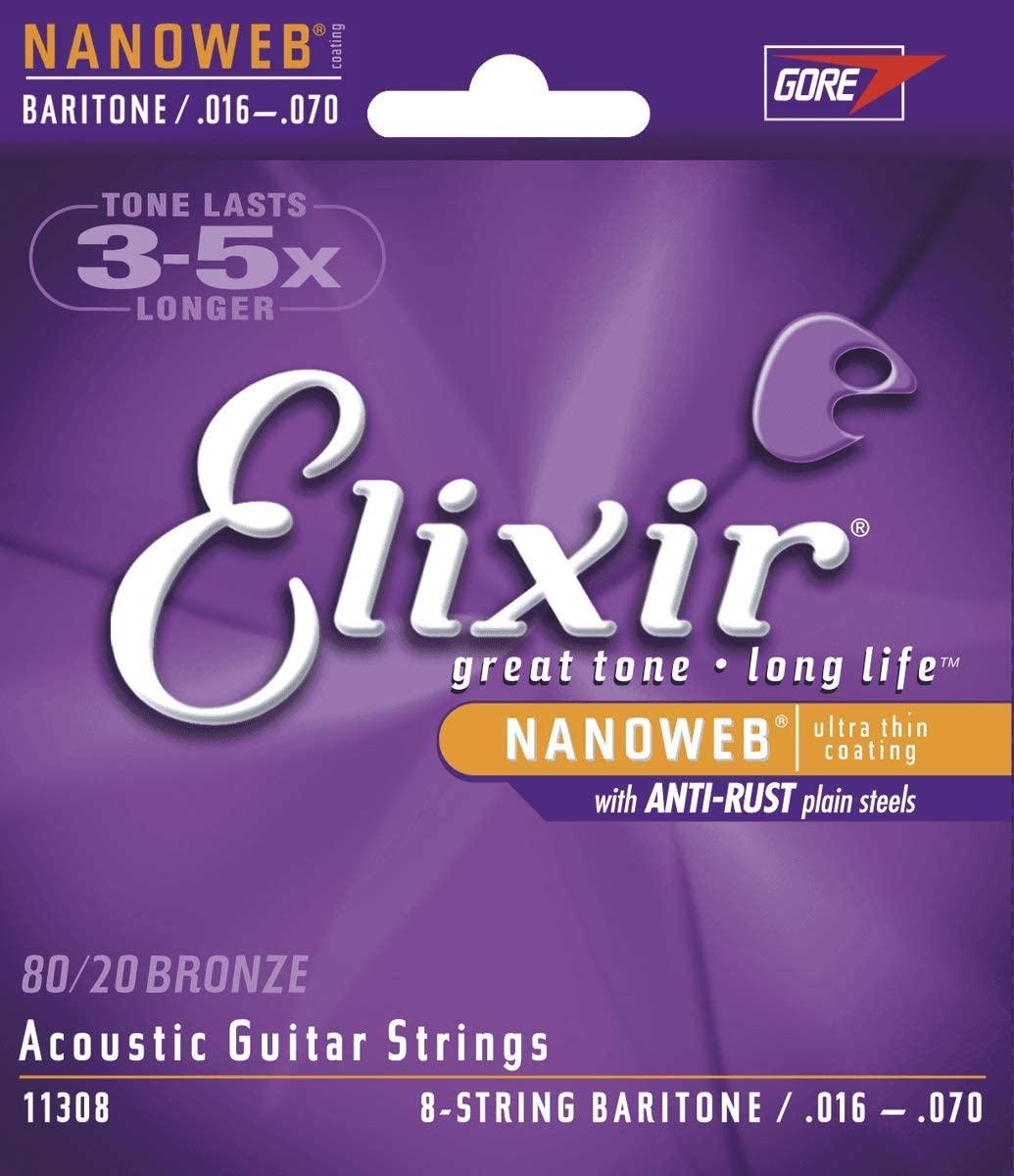 Elixir 11308 Strings 80/20 Bronze 8-String Acoustic Guitar Strings w NANOWEB Coating, Baritone (.016-.070)