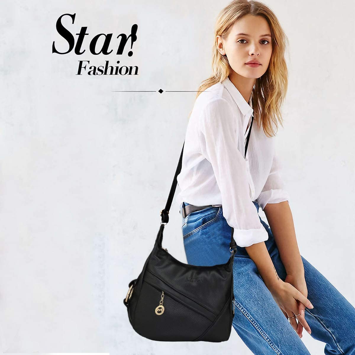 NICOLE&DORIS Women Crossbody Hobo Tote Satchel Travel Purse PU Leather Shoulder Bag, Black, L - Image 2