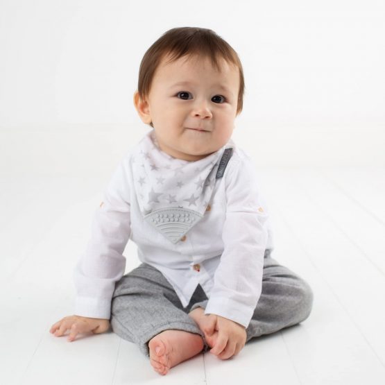 Baby Teething Dribble Bibs for Toddlers & Babies - Bandana Bibs with Silicone Teether for Boys & Girls – Sustainably Sourced Bamboo & Organic Cotton Bib - Neckerchew By Cheeky Chompers - Silver Stars - Image 4