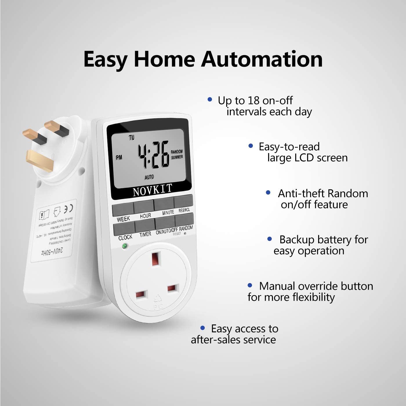 2 x NOVKIT Digital Security Timer Plug Socket Programmable Switch Timer with 10 ON-Off Programs and Random Mode for Home and Indoor (230V - Image 2