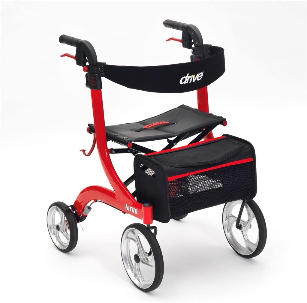 Drive Devilbiss Red Nitro 4 Wheeled Premium Rollator with Backrest, Seat and bag