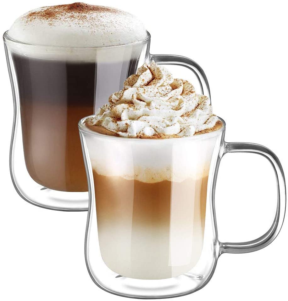 ecooe 2x350ml Double Walled Coffee Glasses Mugs Cappuccino Latte Macchiato Glasses Cups with Handle Borosilicate Heat Resistant Glass Cups for Coffee Tea Milk Juice Ice Cream