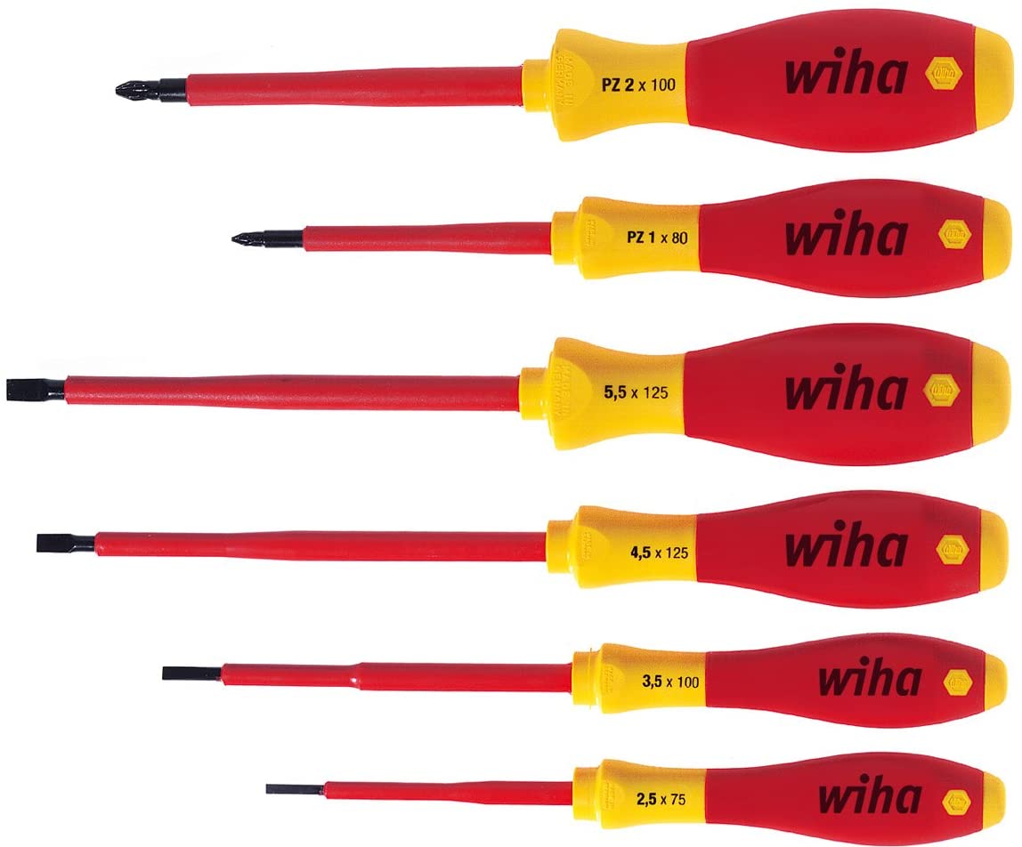 Wiha VDE SoftFinish Slotted/ Pozi Screwdriver Set 25477 (6 Pieces), Red/Yellow