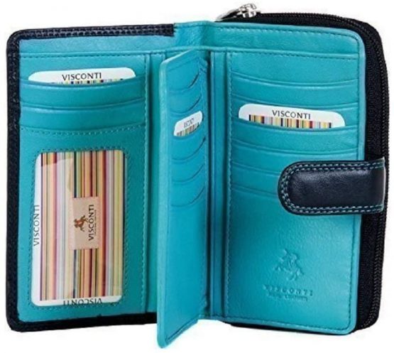 Visconti Ladies Soft Leather Colorado Collection Purse RFID Blocking CD22 Black/Aqua