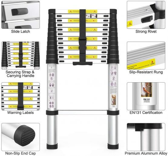 3.2 m Telescopic Ladder EN131 Certified 11 Steps Aluminium