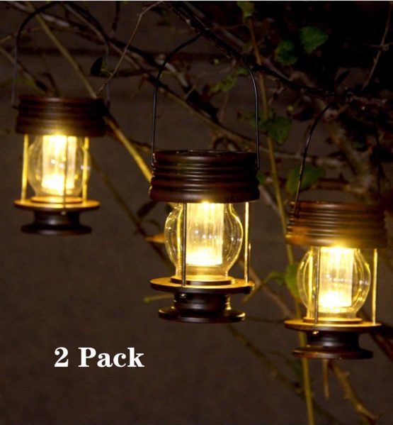 pearlstar Solar Lantern - Hanging Solar Lights Outdoor - 2 Pack Solar Powered Waterproof Led Lanterns Vintage Design for Landscape,Yard,Garden,Pathway,Beach,Pavilion Decoration (Warm Lights) - Image 2