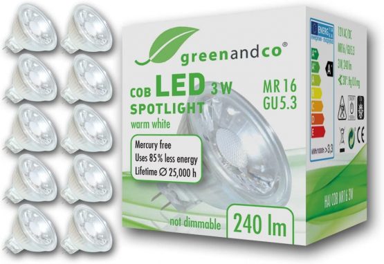 10x greenandco® MR16 GU5.3 LED Spot 3W Replaces 25W 240lm 2700K (Warm White) 38° Beam Angle 12V AC/DC Glass Body with Protective Glass