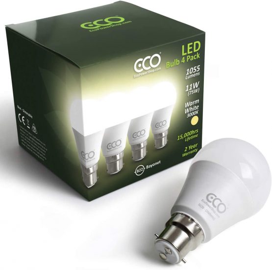 ECO 2 PIN B22 Bayonet Light Bulb, 11W LED Energy Saving Light Bulb, Bright 75W Bulb Equivalent, Warm White 3000K, 15000Hrs Lifetime. 4 x Pack (Pack of 4 Bulbs). - Image 3