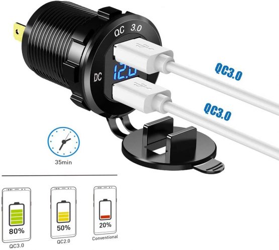 Quick Charge 3.0 Car Charger Socket 12V/24V 36W Aluminum QC3.0 Dual USB Fast Charger Socket Power Outlet with LED Voltmeter for Marine, Boat, Motorcycle, Truck, Golf Cart (Dual QC3.0 (Blue)) - Image 2