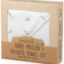 Petite Piccolo Super-soft Muslin Hooded Baby Towel and Washcloth Set with Floating Feather Design