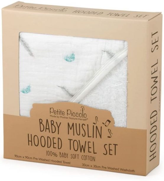 Petite Piccolo Super-soft Muslin Hooded Baby Towel and Washcloth Set with Floating Feather Design