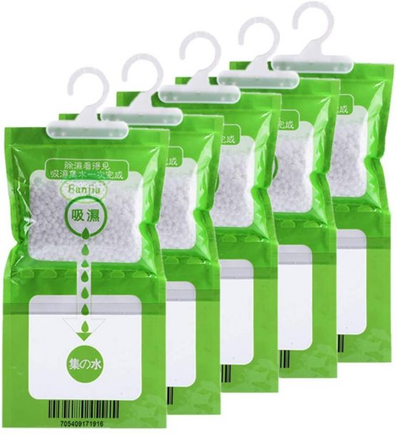 Eanjia 5 Pack Kitchen Bathroom Wardrobe Hanging Hygroscopic Anti-mold Deodorizing Moistureproof Desiccant Bag, Dehumidification process Could be Witness