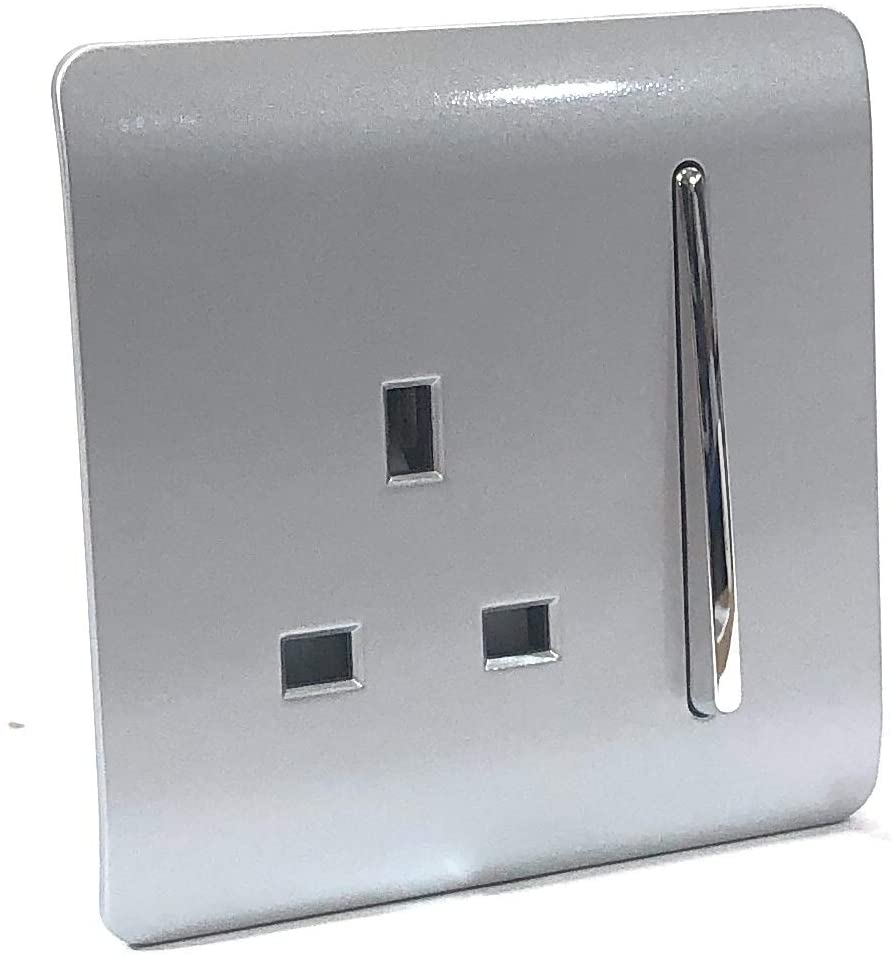 Trendi 1 Gang Raised Artistic Modern Glossy Screwless 13 Amp Single Pole with Chrome Switched UK Standard Electrical Double Wall Plug Socket in Platinum Silver - Image 2