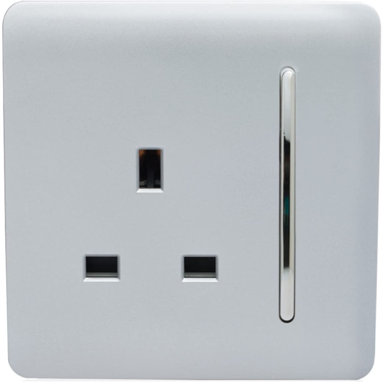 Trendi 1 Gang Raised Artistic Modern Glossy Screwless 13 Amp Single Pole with Chrome Switched UK Standard Electrical Double Wall Plug Socket in Platinum Silver