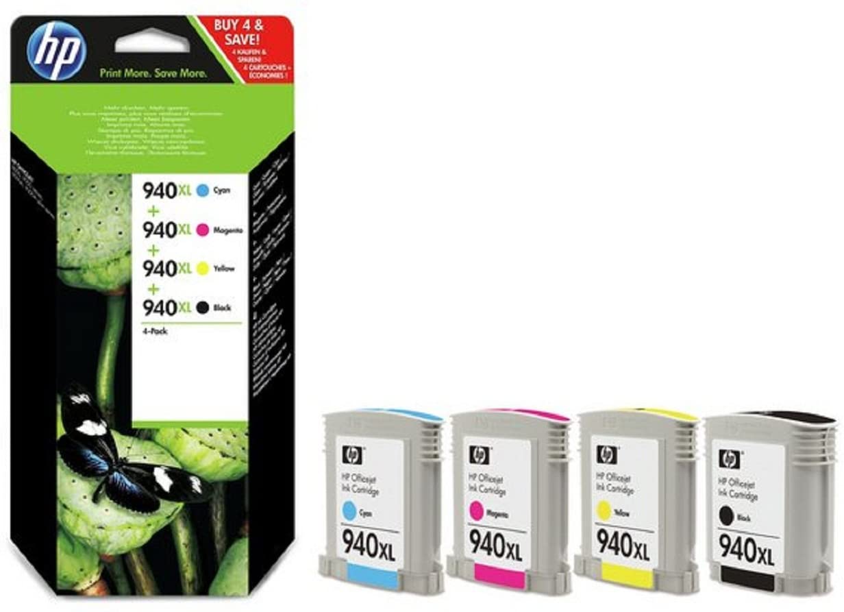 HP 940XL High Yield Original Ink Cartridges, Black, Cyan, Magenta and Yellow, Pack of 4