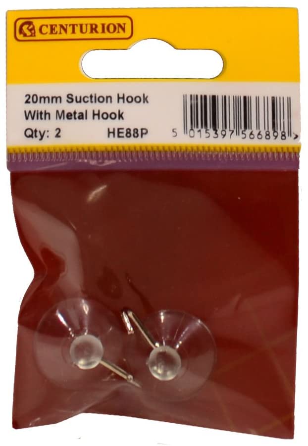 Centurion Clear Plastic Suction Hooks with Metal Clip, 20mm, Clear Pack of 2, Various