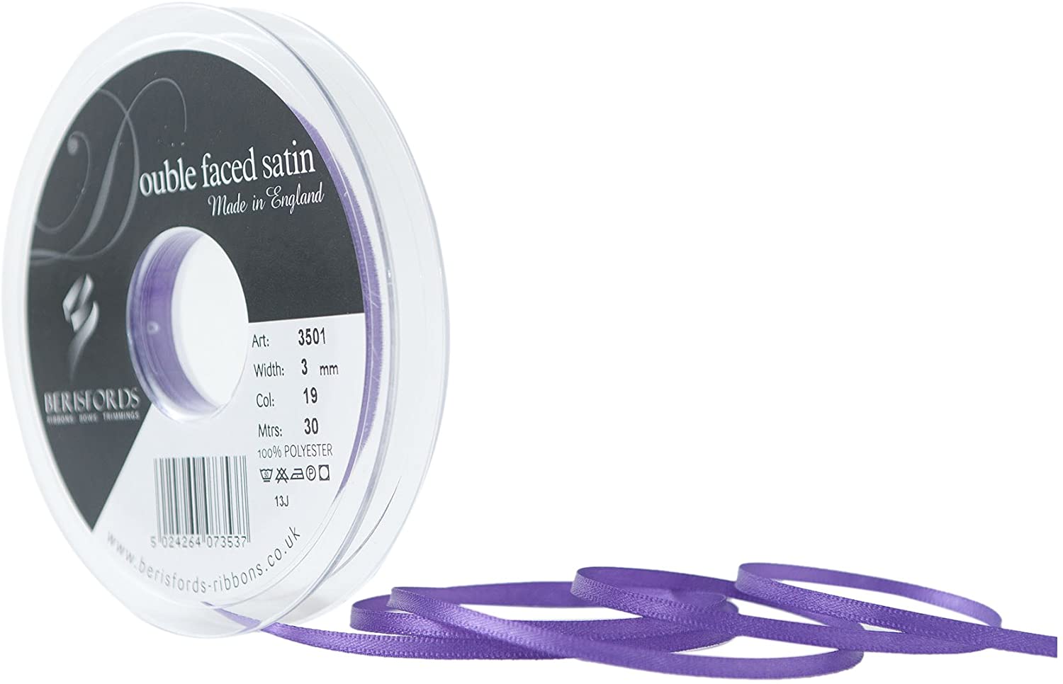 Berisfords Double Satin Ribbon, Purple, 3 mm