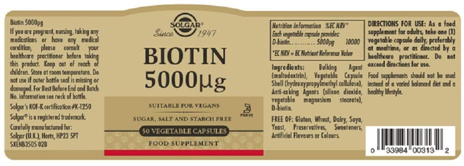 Solgar Biotin 5000 mcg Vegetable Capsules, High Strength Formula, Supports Hair Growth, Glowing Skin, Energy & Vitality - Image 2