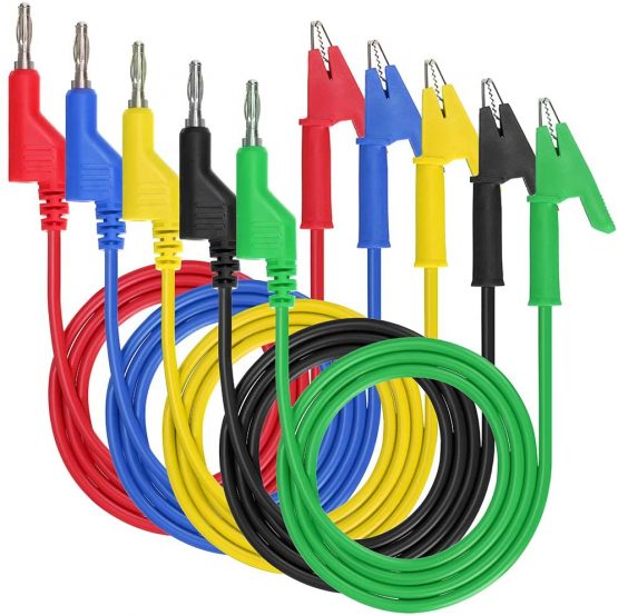 IGNPION 0.15”(4mm) 5PC Banana Plug to Crocodile Alligator Clip Test Probe Multimeter Probe Test Lead, Lead Wire Silicone Cable,39.37”(100cm) (5pcs colors)