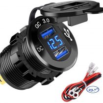Quick Charge 3.0 Car Charger Socket 12V/24V 36W Aluminum QC3.0 Dual USB Fast Charger Socket Power Outlet with LED Voltmeter for Marine, Boat, Motorcycle, Truck, Golf Cart (Dual QC3.0 (Blue))