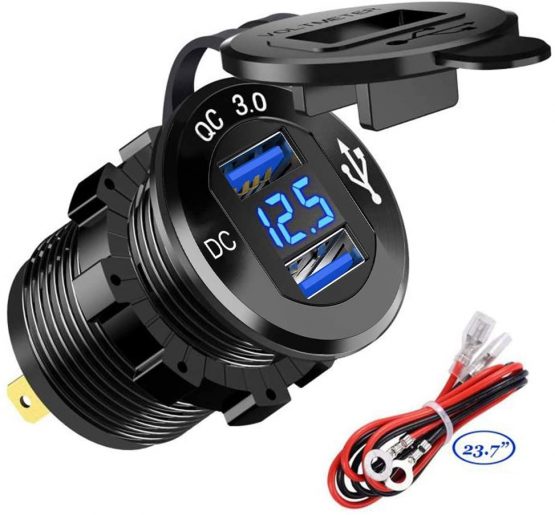 Quick Charge 3.0 Car Charger Socket 12V/24V 36W Aluminum QC3.0 Dual USB Fast Charger Socket Power Outlet with LED Voltmeter for Marine, Boat, Motorcycle, Truck, Golf Cart (Dual QC3.0 (Blue))
