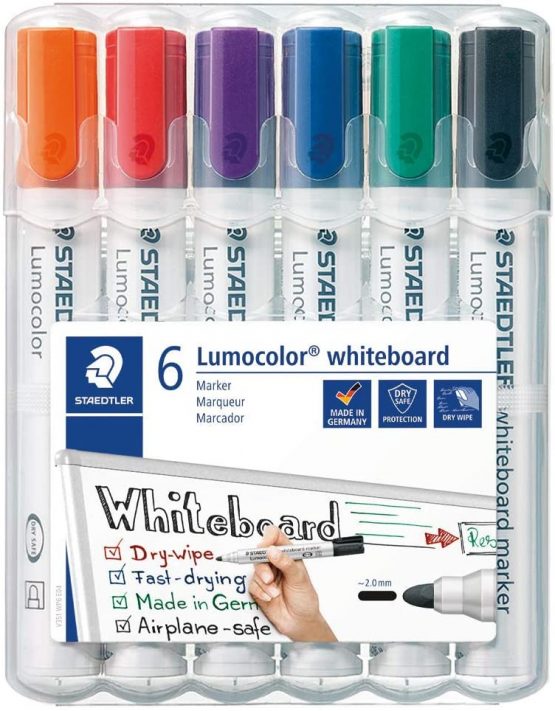 STAEDTLER 351WP6 Lumocolour Whiteboard Marker with Bullet Tip, Multicolor, Pack of 6
