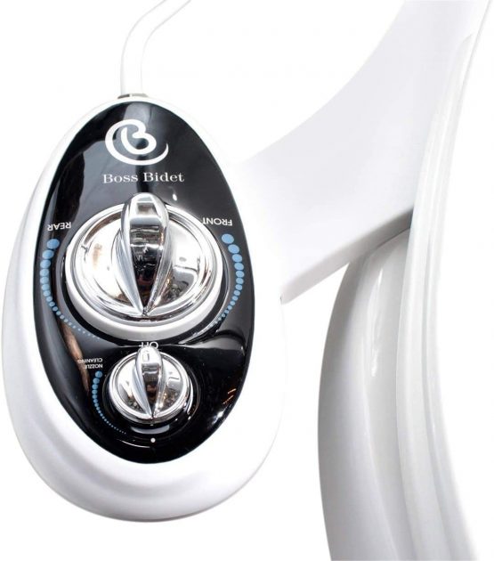 BOSS BIDET LUXURY - cleans your bottom in 1.3 seconds. Aesthetic design, 10-minute installation. Freshwater sprayer, nonelectric, mechanical. Dual nozzles, self-cleaning, unisex. White black
