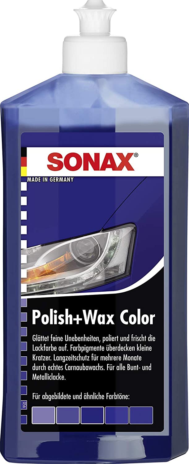 SONAX POLISH+WAX COLOR BLUE (500 ml) - A mid-strength polish with colour pigments and a wax component., Color Blue 500 ml
