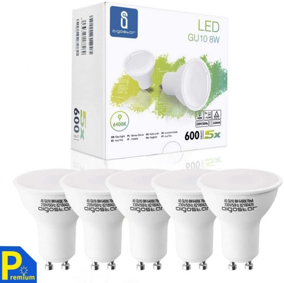 Aigostar GU10 LED Bulbs Cool White, 8W 6400K 600 Lumen, 5 Pcs/Box, 160° Beam Angle, Flicker Free [Energy Class A+]