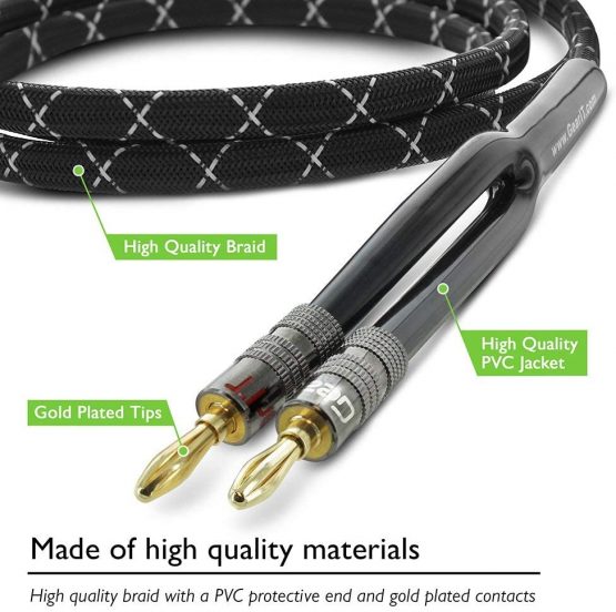 GearIT 14AWG Premium Heavy Duty Braided Speaker Wire (15 Feet) with Dual Gold Plated Banana Plug Tips - Oxygen-Free Copper (OFC) Construction, Black - Image 2